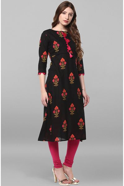 IndHeritage Premium cotton office / casual kurti - Black printed kurti / kurta for women - IDH00064