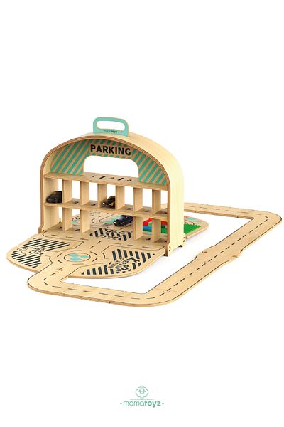 MAMATOYZ Wooden Car Parking Garage Set - Compatible with Hotwheels and Lego - Portable and Portable Design