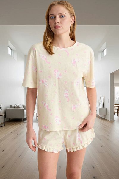 PayBuy Women's Cat Pattern Cotton Ruffle Pajamas Set Comfortable Home Wear Carefully Selected Professional Appearance