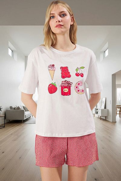 PayBuy Women's Casual Knitted t Shirt and Checkered Shorts Pajamas Set Comfortable Cut Special Design for Summer