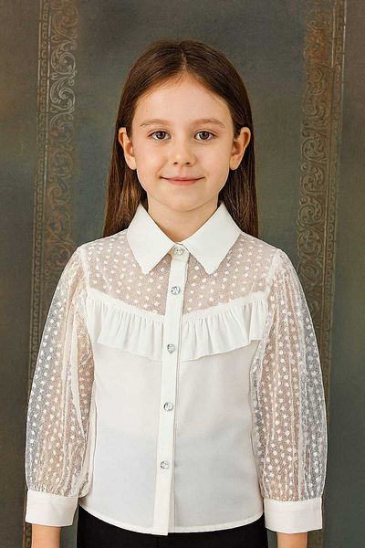 Elayza Cămașă albă cu garnitură din tul cu buline pentru fete/ cămașă școală 311/312