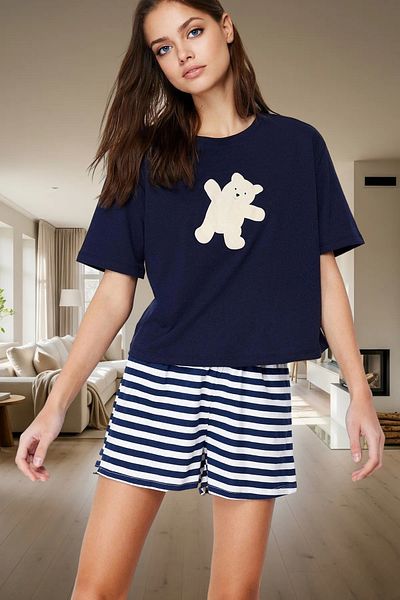 PayBuy Women's Striped Cotton Pajama Set Teddy Bear Printed Comfortable Summer Premium Quality Use