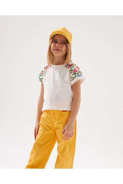 Hilal Akıncı Kids Girl's Embroidery Detailed White Blouse Colorful Trousers