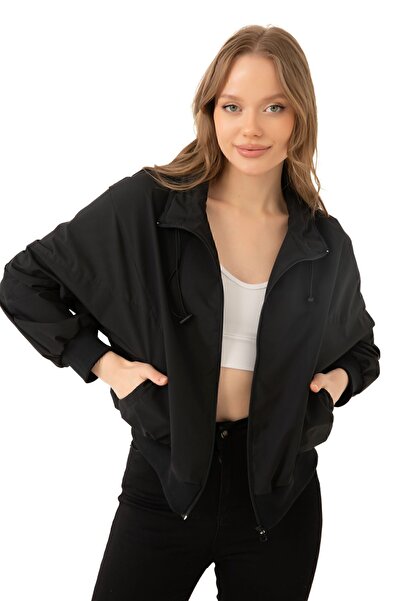 Firststops Sports Women's Black Stand Collar Water and Windproof Oversize Crop Seasonal Raincoat Windbreaker