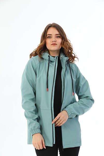 Montland Γυναικείο αδιάβροχο με κουκούλα με πράσινη επένδυση αδιάβροχο και ανθεκτικό στον αέρα με τσέπες - αντιανεμικό