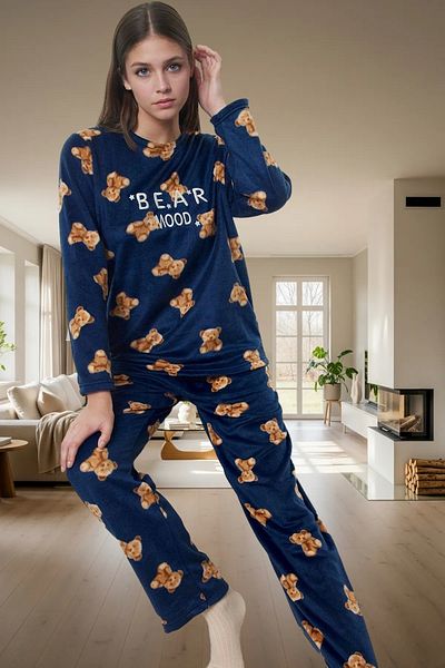 PayBuy Women's Teddy Bear Patterned Fleece Pajama Set Winter Comfortable Sleep Set Premium Quality Professional Appearance