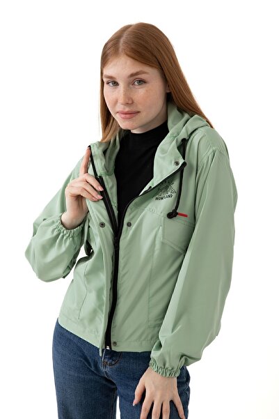 Firststops Women's Water Green Waterproof and Wind Resistant Hooded Pocket Snap Fastener Seasonal Raincoat