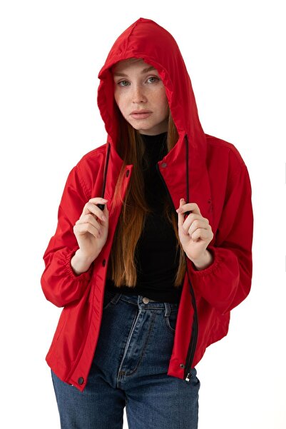 Firststops Women's Red Waterproof and Wind Resistant Hooded Pocket Snap Fastener Seasonal Raincoat