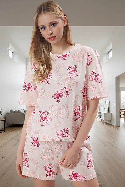 PayBuy Women's Teddy Bear Cotton Pajamas Set Short Sleeve Regular Fit Summer Home Wear Stylish Appearance