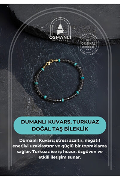 OSMANLI DOĞAL TAŞ سوار من الكوارتز الدخاني المعتمد وحجر الفيروز الطبيعي