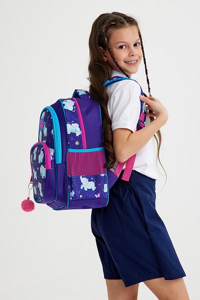 Coral High Kids Purple Pink Elephant Patterned Three Compartment School Backpack 14411