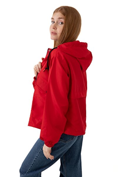 Firststops Women's Red Waterproof and Wind Resistant Hooded Pocket Snap Fastener Seasonal Raincoat