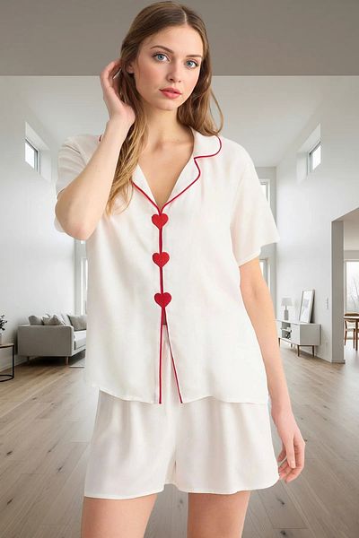 PayBuy Women's Viscose Pajama Set with Heart Details Comfortable Sleep Comfortable Cut Use Special Design