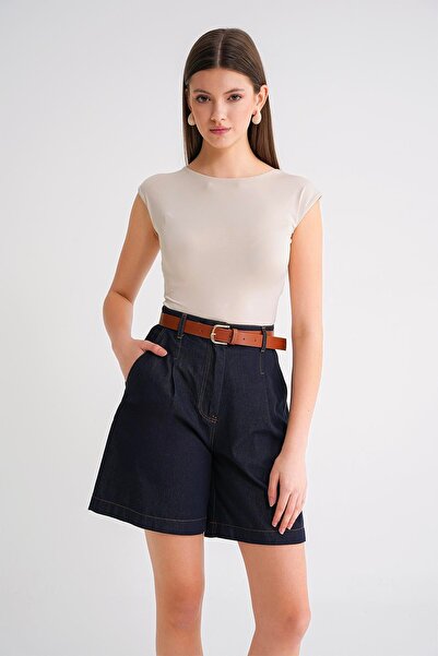 Mixray 4693 Women's Gold Belted Bermuda Denim Shorts Navy Blue