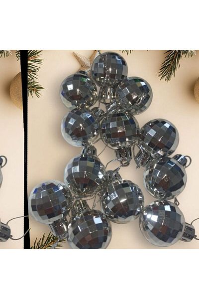 partidolu Plastic Crystal Disco Ball Shaped 3 cm Silver Color Christmas Tree Ornament 12 Pcs