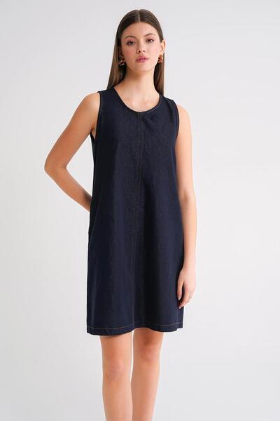 Mixray 4691 Women's Crew Neck Midi Length Denim Dress Navy Blue