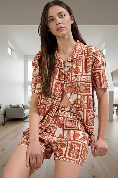 PayBuy Women's Cinnamon Ethnic Patterned Shally Pajamas Set Comfortable Summer Home Wear Set Trend Design