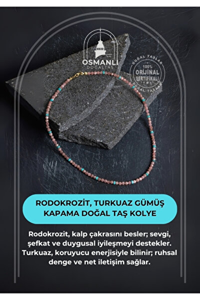 OSMANLI DOĞAL TAŞ Sertifikalı Rodokrozit, Turkuaz Gümüş Kapama Doğal Taş Kolye