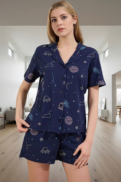 PayBuy Women's Cotton Galaxy Pattern Short Sleeve Pajama Set Comfortable Home Wear Set Perfect Fit
