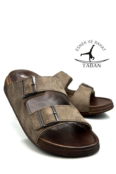 Moda Anna شبشب رجالي من الجلد مريح وقابل للتعديل بإبزيم مزدوج وعرض مرن 25103 مينك