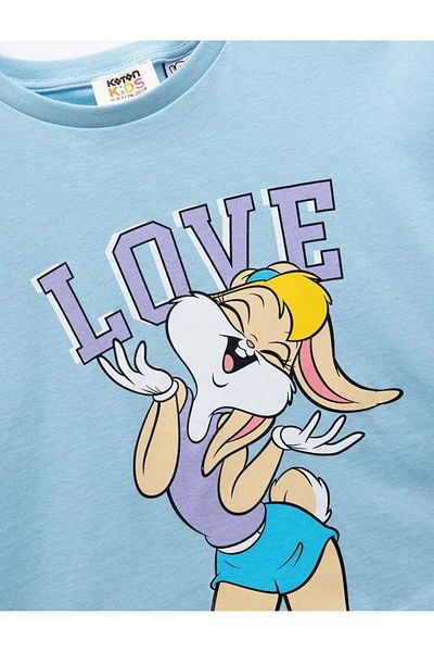 Koton Tricou pentru fete din bumbac Lola Bunny imprimat cu mânecă scurtă cu decolteu cu licență 5skg10446ak Albastru