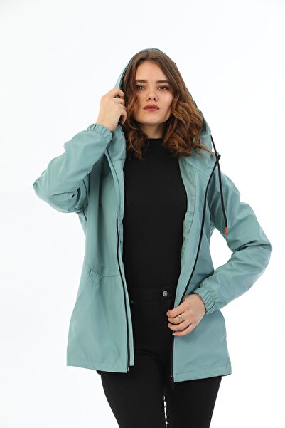 Montland Γυναικείο αδιάβροχο με κουκούλα με πράσινη επένδυση αδιάβροχο και ανθεκτικό στον αέρα με τσέπες - αντιανεμικό