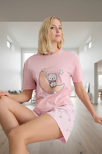 PayBuy Women's Teddy Bear Patterned Cotton Short Sleeve Pajama Set Trendy Design Comfortable Use Modern Style