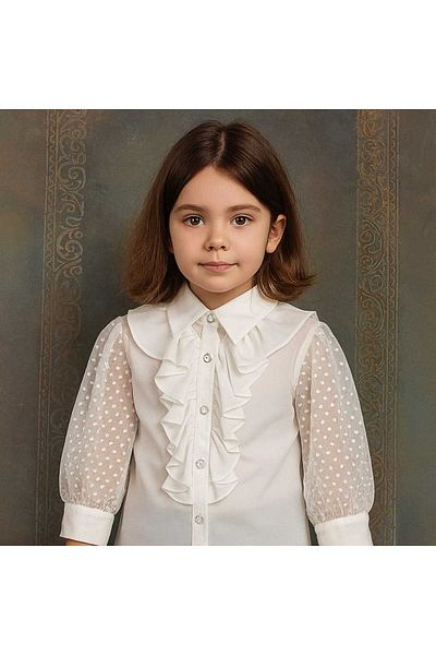 Elayza Cămașă albă pentru fete cu mâneci din tul cu volan în față / cămașă școală 315/316