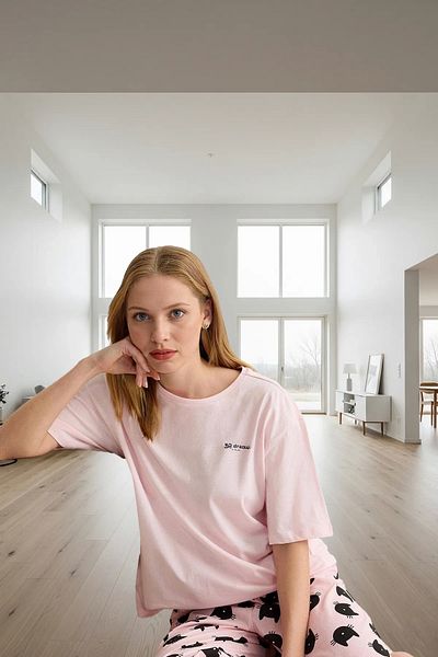 PayBuy Women's Cotton Cat Pattern Short Sleeve Pajamas Set Perfect Fit Stylish Appearance Comfortable Use