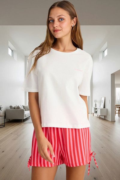 PayBuy Women's Comfortable Cotton Striped Pajama Set Crew Neck Tie-Up Details Summer Modern Style