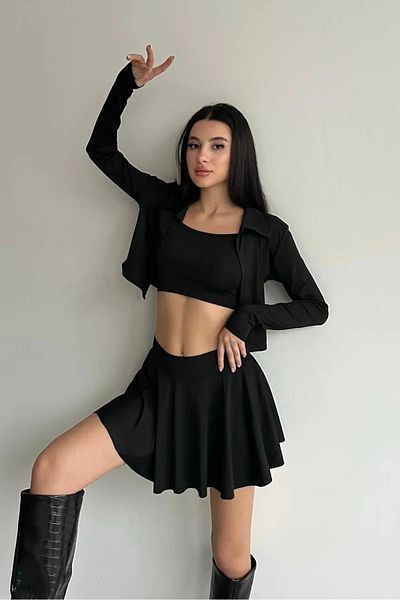 Baby xclub Set trei piese, top negru scurt, cardigan și fustă cu pantaloni scurți
