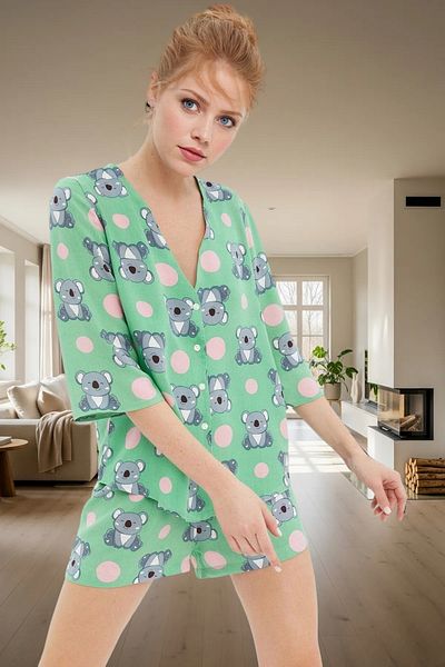 PayBuy Women's Koala Patterned Viscose Pajama Set with Shorts Buttoned Comfortable Summer Quality Craftsmanship Use