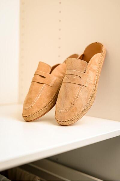 lovitto Men's Genuine Leather Rubber Sole Beige Espadrille Slippers