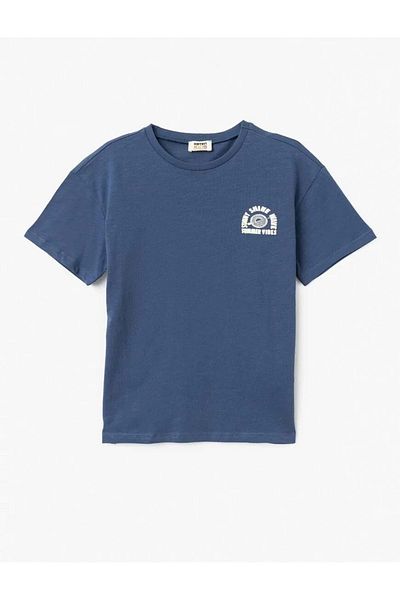 Koton Tricou supradimensionat pentru băiat, bumbac, cu mânecă scurtă, cu decolteu, cu slogan imprimat 5skb10095tk Albastru