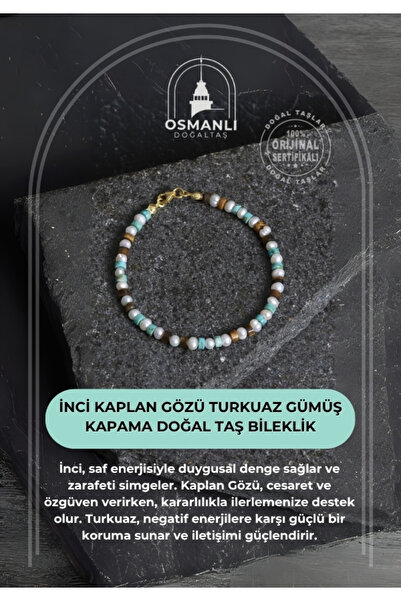 OSMANLI DOĞAL TAŞ Sertifikalı İnci Kaplan Gözü Turkuaz Gümüş Kapama Doğal Taş...