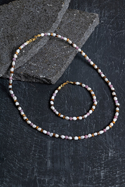 OSMANLI DOĞAL TAŞ Certified Ruby, Pearl, Tiger's Eye Silver Closure Natural Stone Set