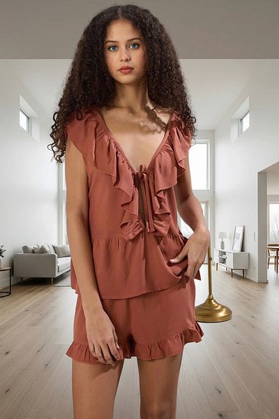 PayBuy Women's Comfortable Home Wear Pajama Set Viscose Fabric Color Ruffled Elegant Design Use