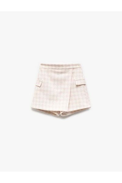 Koton 5Skg40138Aw Girl's Elastic Waist Pocket Detailed Tweed Shorts Skirt Pink Plaid
