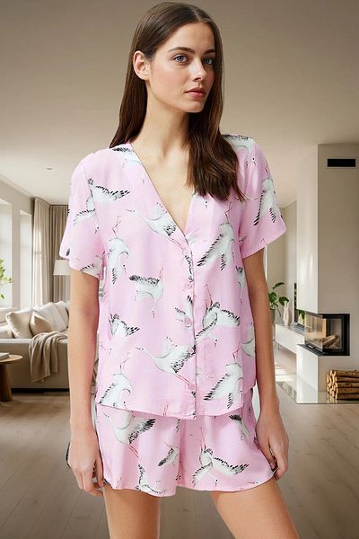 PayBuy Women's Stork Patterned Viscose Pajama Set with Shorts, Buttoned Regular Fit, Summer, Comfortable and Stylish Look