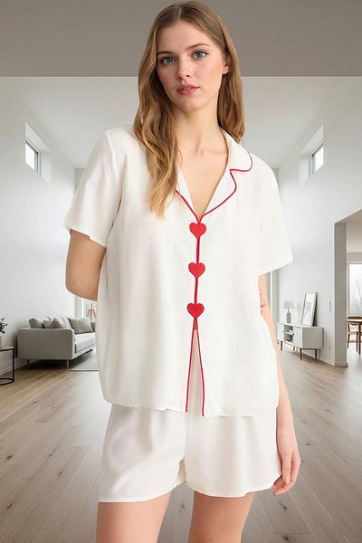 PayBuy Women's Viscose Pajama Set with Heart Details Comfortable Sleep Comfortable Cut Use Special Design