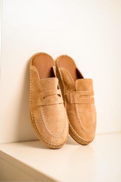 lovitto Men's Genuine Leather Rubber Sole Beige Espadrille Slippers