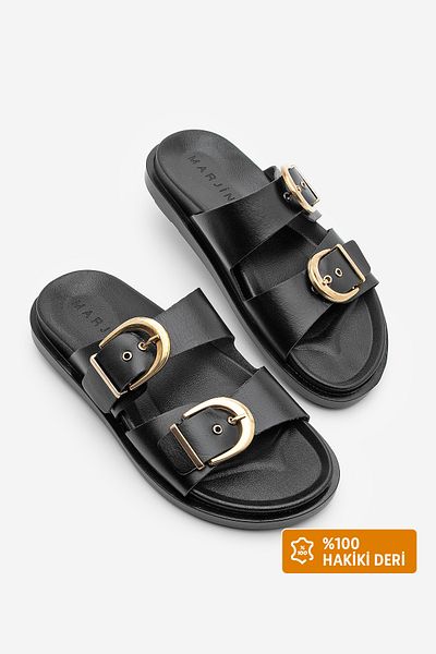 Marjin Women's Genuine Leather Double Strap Buckle Daily Slippers Gepso Black