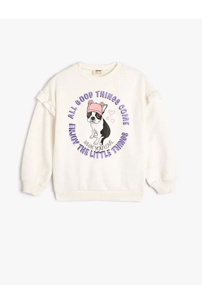 Koton Girl's Ruffled Sweatshirt Dog Printed 5Wkg10255Ak Ecru