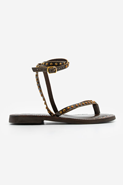 Marjin Genuine Leather Flip Flops Ankle Strap Studded Troc Daily Sandals