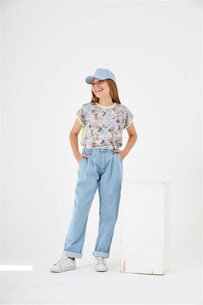 Hilal Akıncı Kids Girl's Patterned Oversize T-Shirt Blue Denim Trousers Hat Set of 3