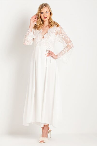Magic Form 31770 Women's Ecru Tasseled Lace Crepe Long Dressing Gown