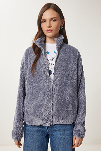 Lovelyİstanbul ΓΚΡΙ Λούτρινη Ζακέτα με φερμουάρ - LUB0068