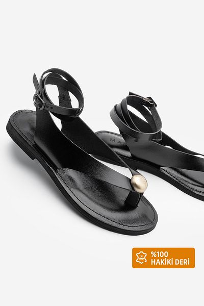 Marjin Women's Genuine Leather Flip Flops Ankle Strap Buckle Daily Sandals Ronta Black