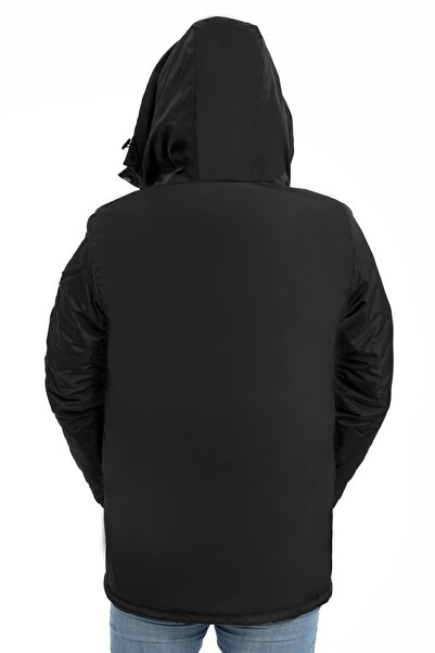 Royalside Ανδρικό χειμερινό παλτό από μαύρο φλις μέσα στο νερό και αντιανεμική κουκούλα & παλτό & Parka