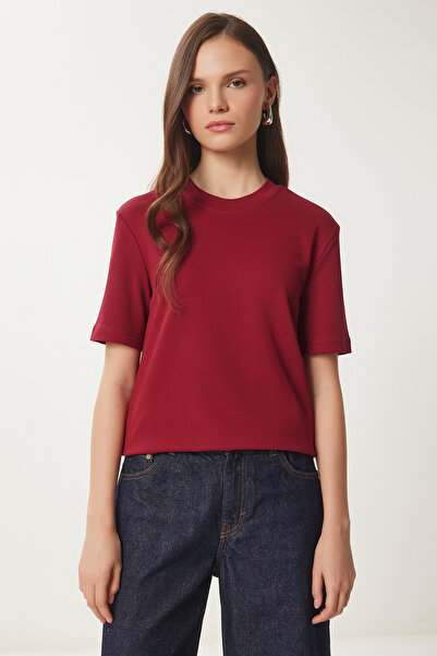 Lovelyİstanbul Claret Red Cotton Basic Knitted T-shirt - LAG0001